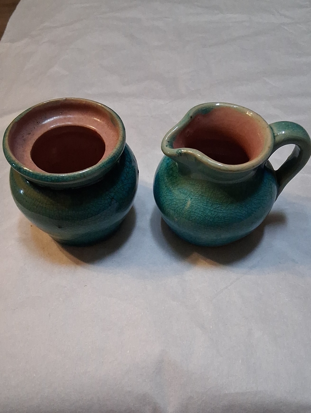 Rare Find Handcrafted NCTurquoise Ceramic Creamer and Sugar Set From The 1940's